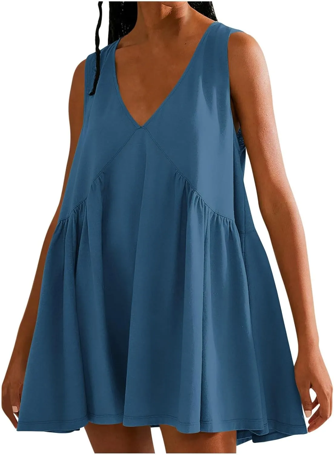 Xiaojmake Mini Tunic Dresses for Women Summer Casual Sleeveless V Neck Tank Sundress Loose Solid Babydoll Dress with Pockets