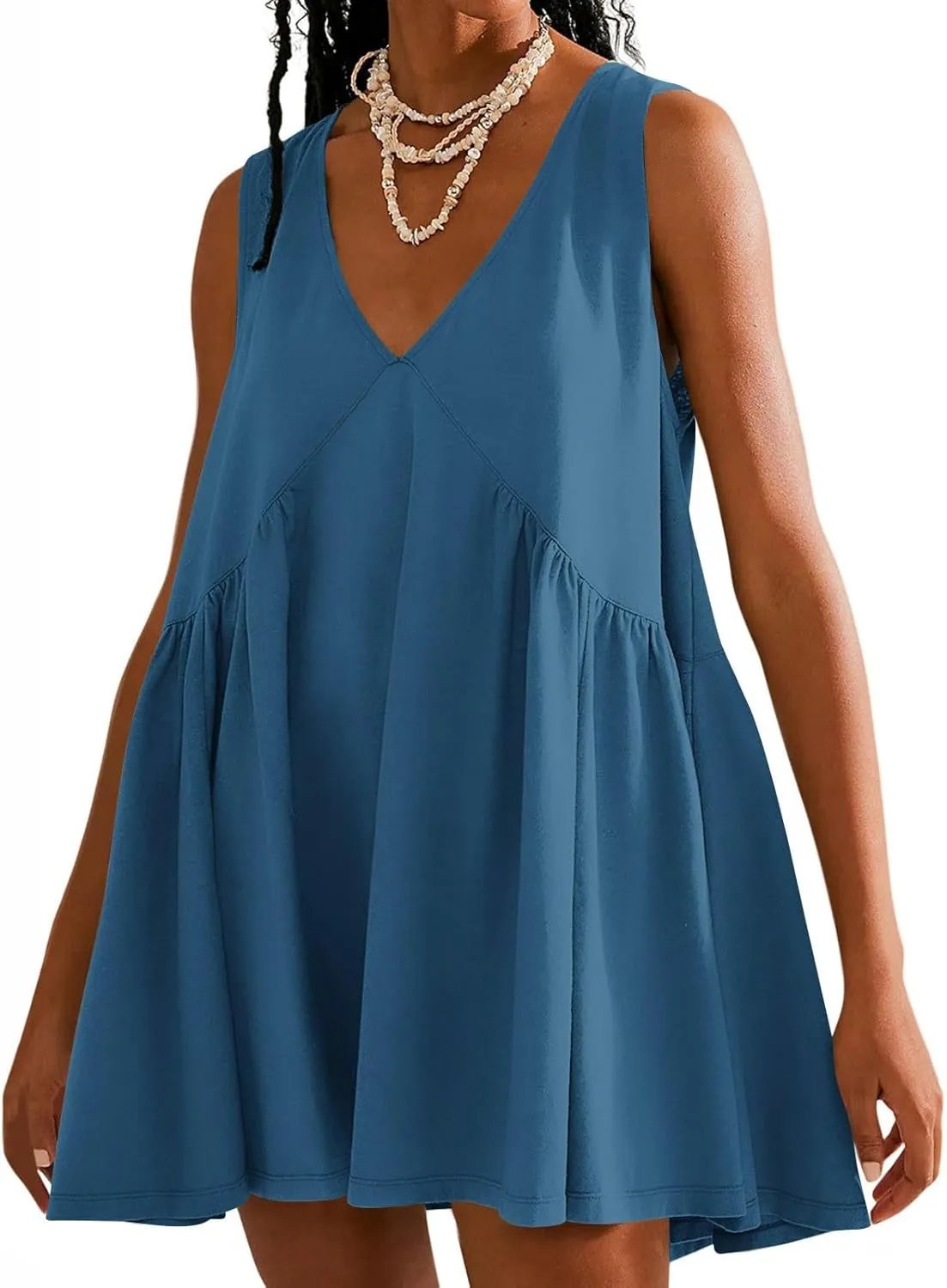 Xiaojmake Mini Tunic Dresses for Women Summer Casual Sleeveless V Neck Tank Sundress Loose Solid Babydoll Dress with Pockets