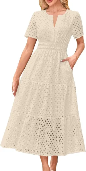 Xiaojmake Summer Dresses for Women 2025 Short Sleeve Hollow Out Eyelet Dress Boho Dressy Swing Long Maxi Dresses with Pockets