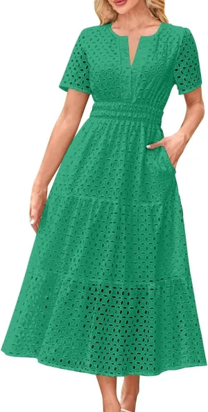 Xiaojmake Summer Dresses for Women 2025 Short Sleeve Hollow Out Eyelet Dress Boho Dressy Swing Long Maxi Dresses with Pockets