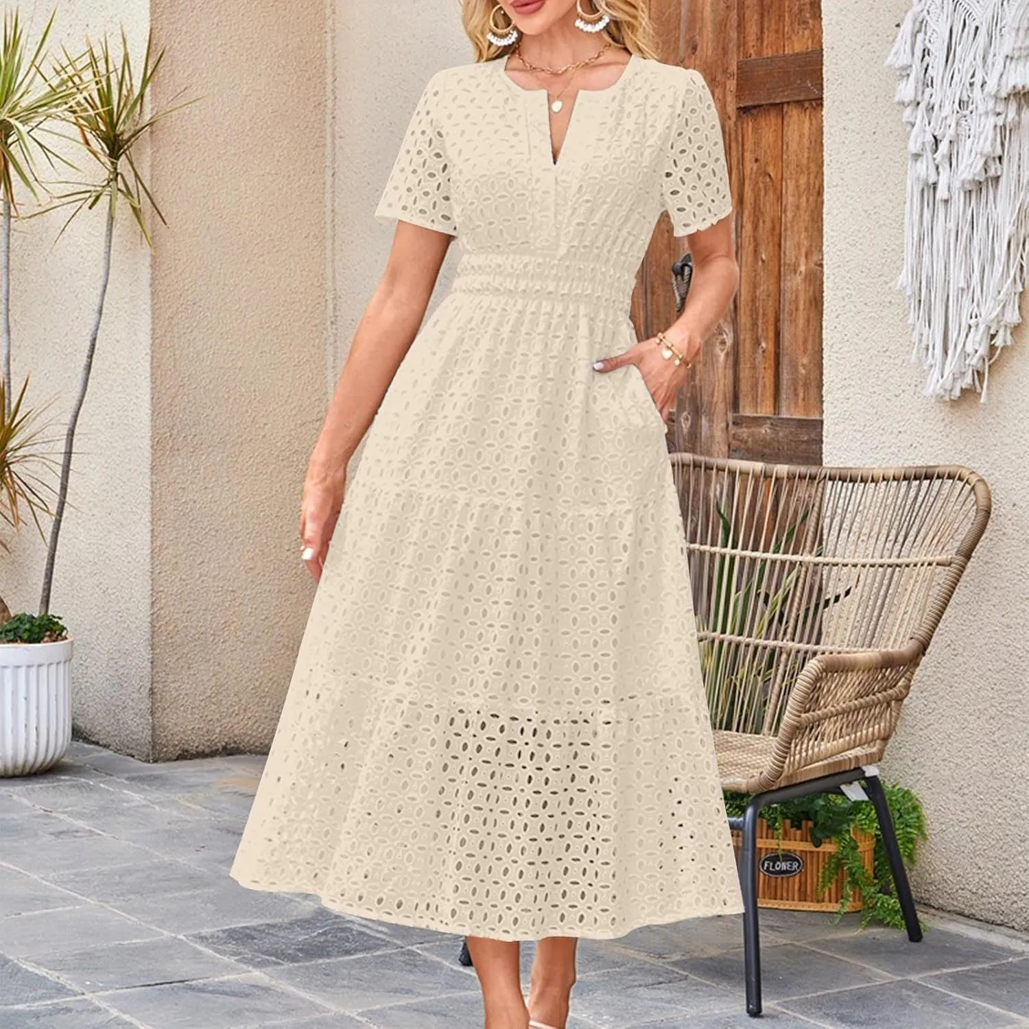 Xiaojmake Summer Dresses for Women 2025 Short Sleeve Hollow Out Eyelet Dress Boho Dressy Swing Long Maxi Dresses with Pockets