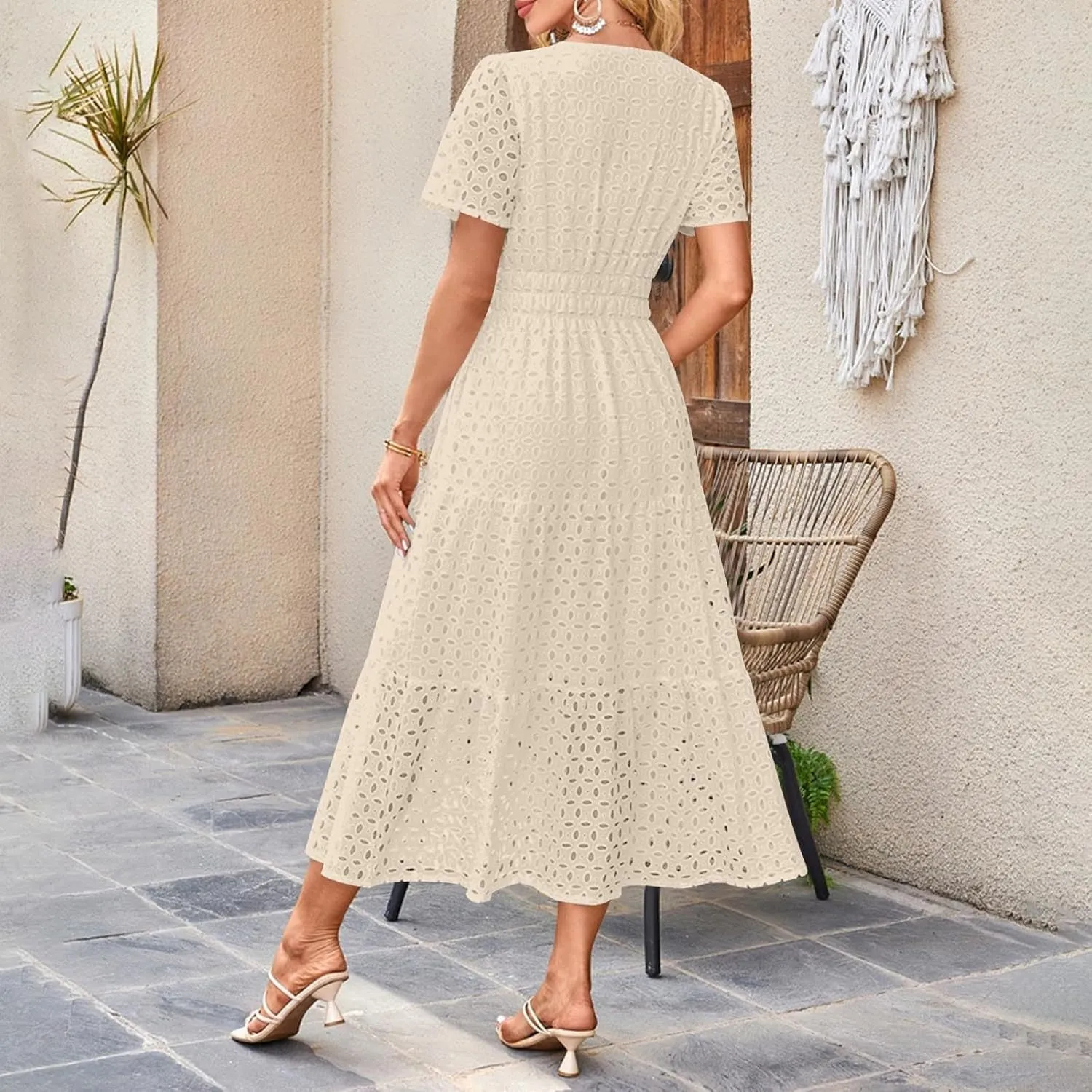 Xiaojmake Summer Dresses for Women 2025 Short Sleeve Hollow Out Eyelet Dress Boho Dressy Swing Long Maxi Dresses with Pockets