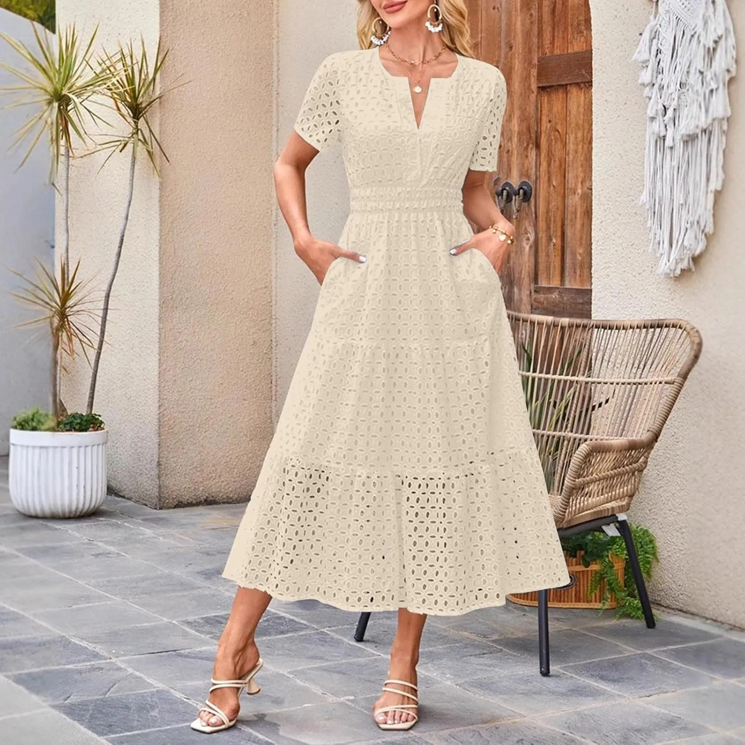 Xiaojmake Summer Dresses for Women 2025 Short Sleeve Hollow Out Eyelet Dress Boho Dressy Swing Long Maxi Dresses with Pockets