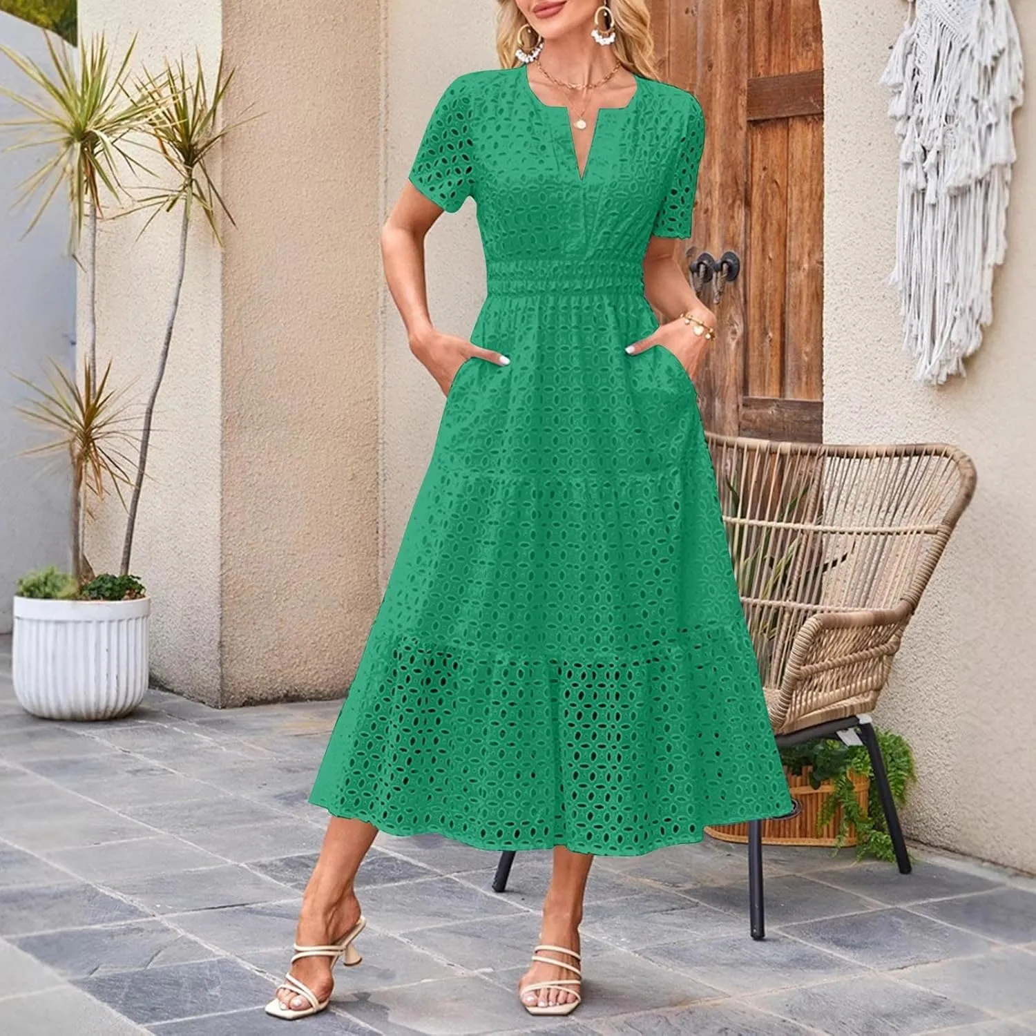 Xiaojmake Summer Dresses for Women 2025 Short Sleeve Hollow Out Eyelet Dress Boho Dressy Swing Long Maxi Dresses with Pockets