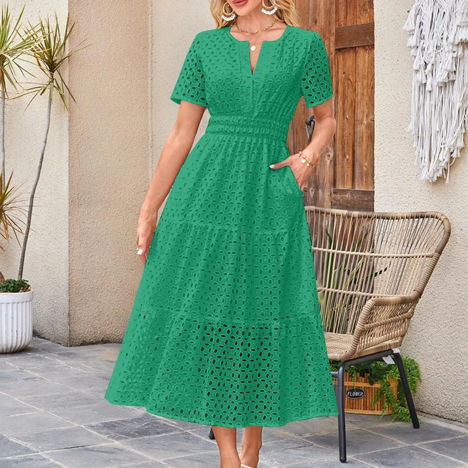 Xiaojmake Summer Dresses for Women 2025 Short Sleeve Hollow Out Eyelet Dress Boho Dressy Swing Long Maxi Dresses with Pockets