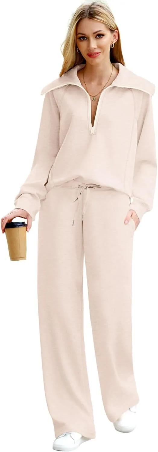 XIEERDUO Lounge Sets For Women 2024 Half Zip Sweatshirt And Wide Leg Sweatpant 2 Piece Outfits Sweatsuit Tracksuit