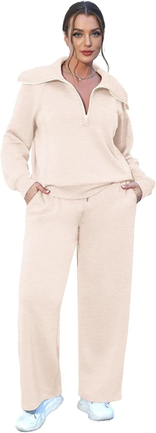 XIEERDUO Lounge Sets For Women 2024 Half Zip Sweatshirt And Wide Leg Sweatpant 2 Piece Outfits Sweatsuit Tracksuit