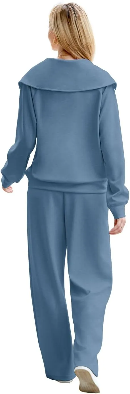 XIEERDUO Lounge Sets For Women 2024 Half Zip Sweatshirt And Wide Leg Sweatpant 2 Piece Outfits Sweatsuit Tracksuit