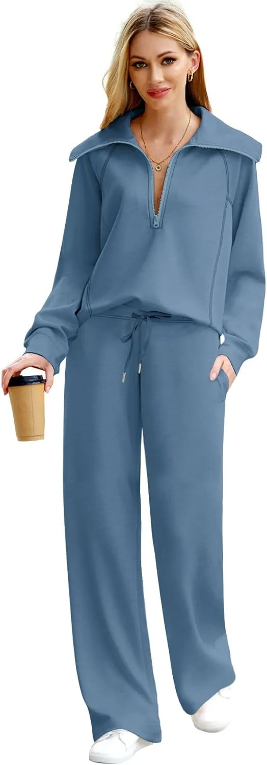 XIEERDUO Lounge Sets For Women 2024 Half Zip Sweatshirt And Wide Leg Sweatpant 2 Piece Outfits Sweatsuit Tracksuit