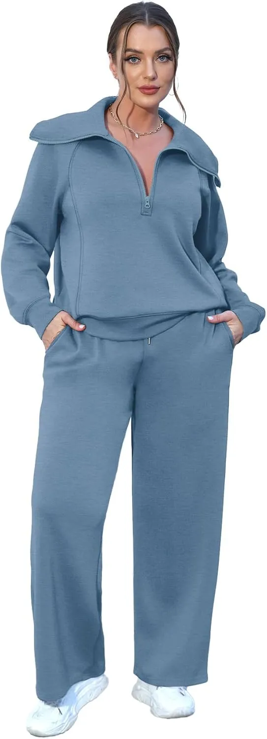 XIEERDUO Lounge Sets For Women 2024 Half Zip Sweatshirt And Wide Leg Sweatpant 2 Piece Outfits Sweatsuit Tracksuit