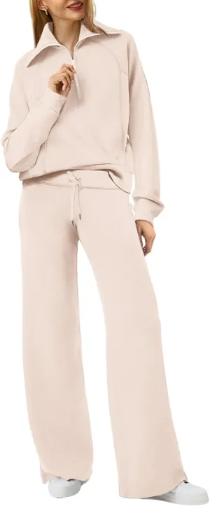 XIEERDUO Lounge Sets For Women 2024 Half Zip Sweatshirt And Wide Leg Sweatpant 2 Piece Outfits Sweatsuit Tracksuit