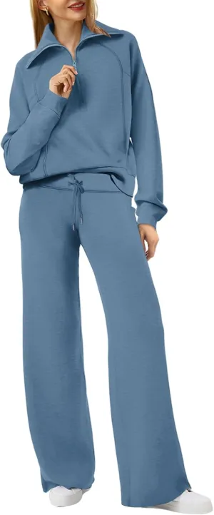 XIEERDUO Lounge Sets For Women 2024 Half Zip Sweatshirt And Wide Leg Sweatpant 2 Piece Outfits Sweatsuit Tracksuit