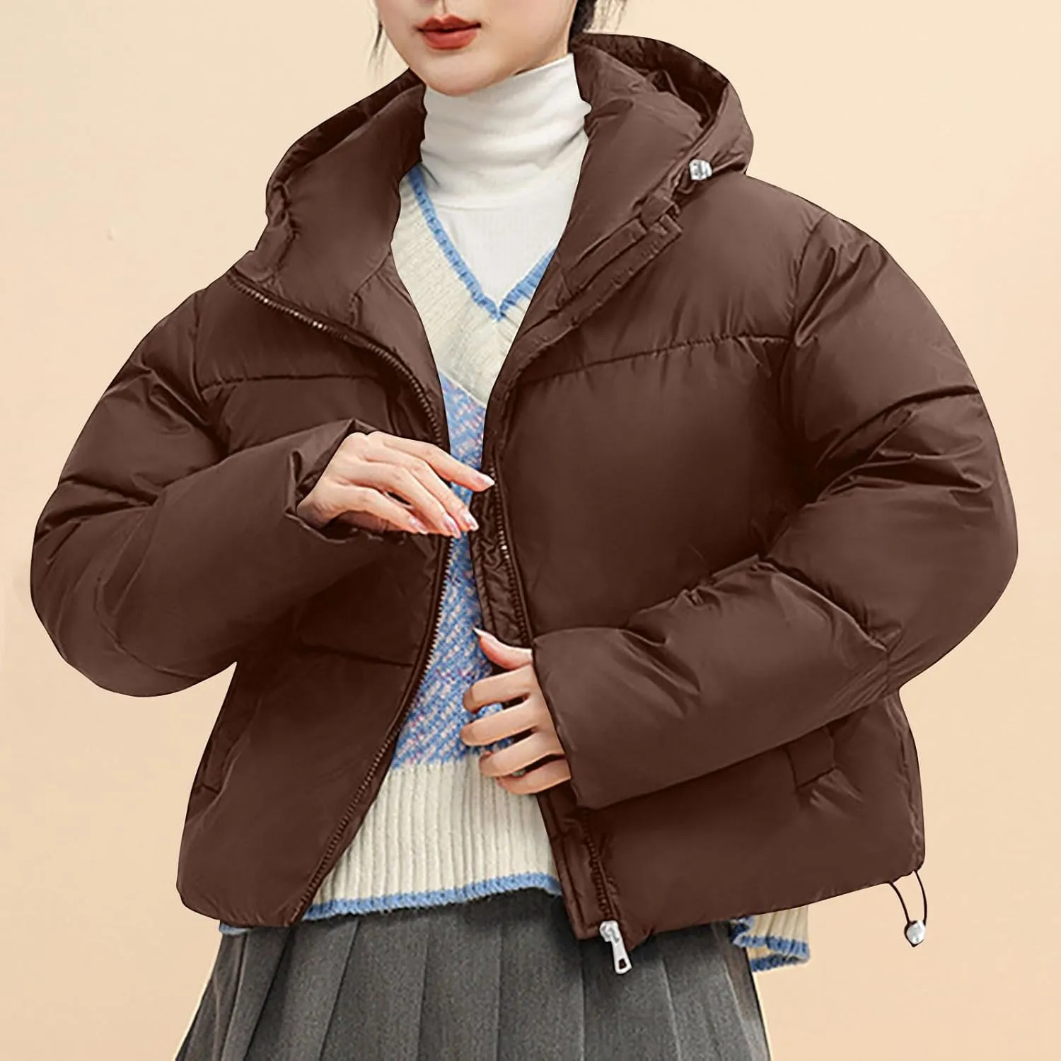 XUNRYAN Puffer Jackets Women Cropped Winter Warm Down Coat Hooded Quilted Lightweight Jacket Short Coat Warm Parka Overcoat
