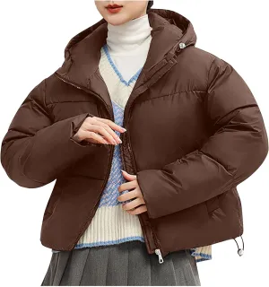 XUNRYAN Puffer Jackets Women Cropped Winter Warm Down Coat Hooded Quilted Lightweight Jacket Short Coat Warm Parka Overcoat