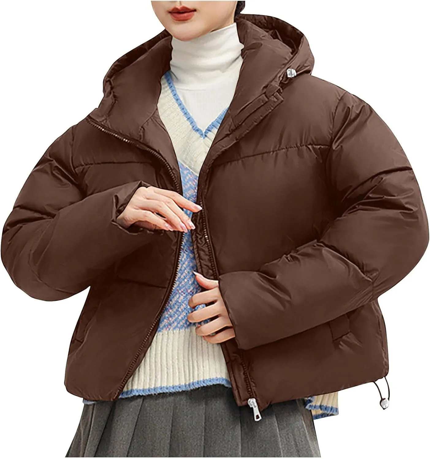 XUNRYAN Puffer Jackets Women Cropped Winter Warm Down Coat Hooded Quilted Lightweight Jacket Short Coat Warm Parka Overcoat