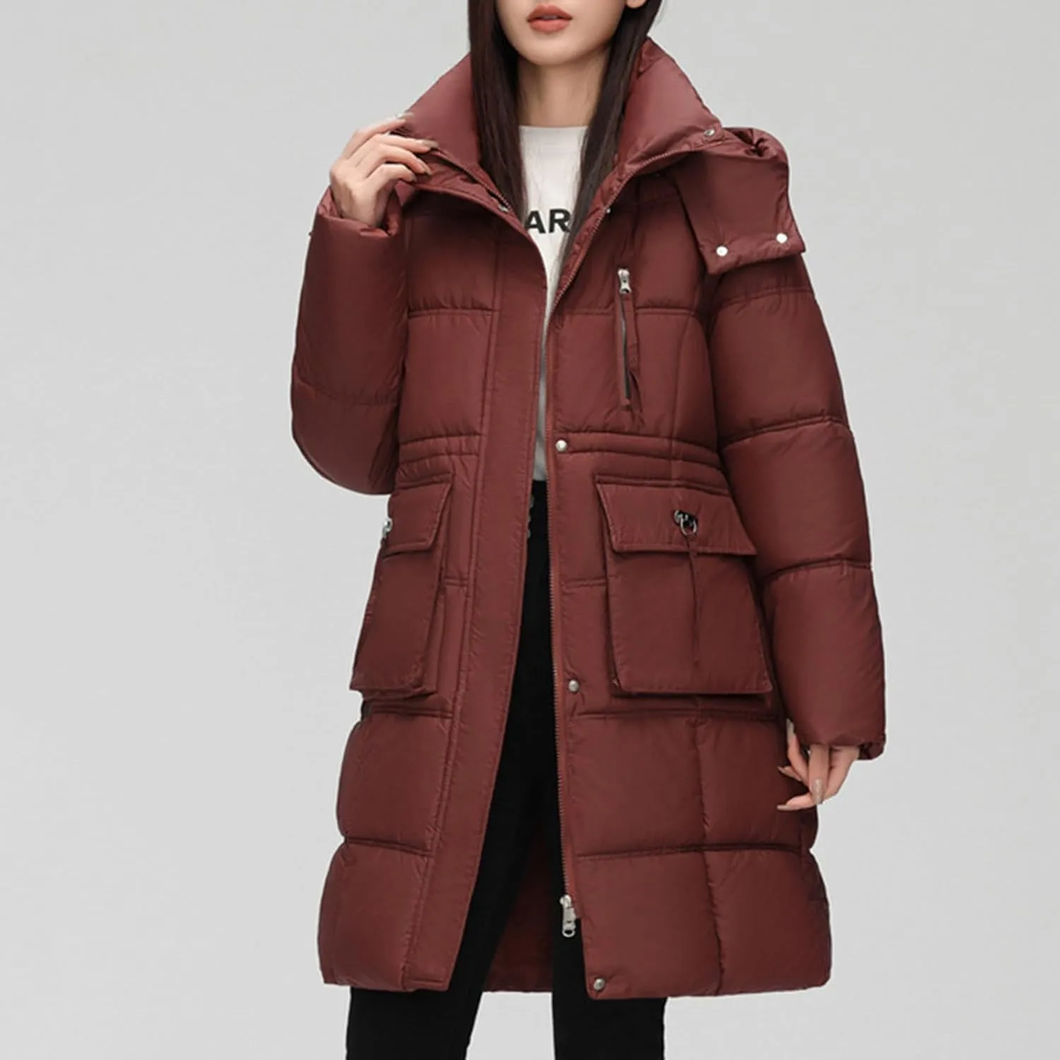 XUNRYAN Winter Down Coats for Women Warm Puffer Jackets Hooded Thicken Warm Parka Anorak Windbreaker Ski Overcoat Pockets