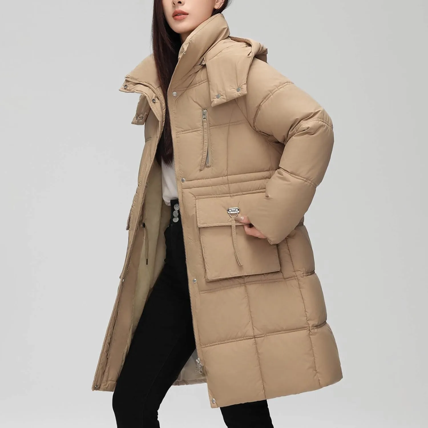XUNRYAN Winter Down Coats for Women Warm Puffer Jackets Hooded Thicken Warm Parka Anorak Windbreaker Ski Overcoat Pockets