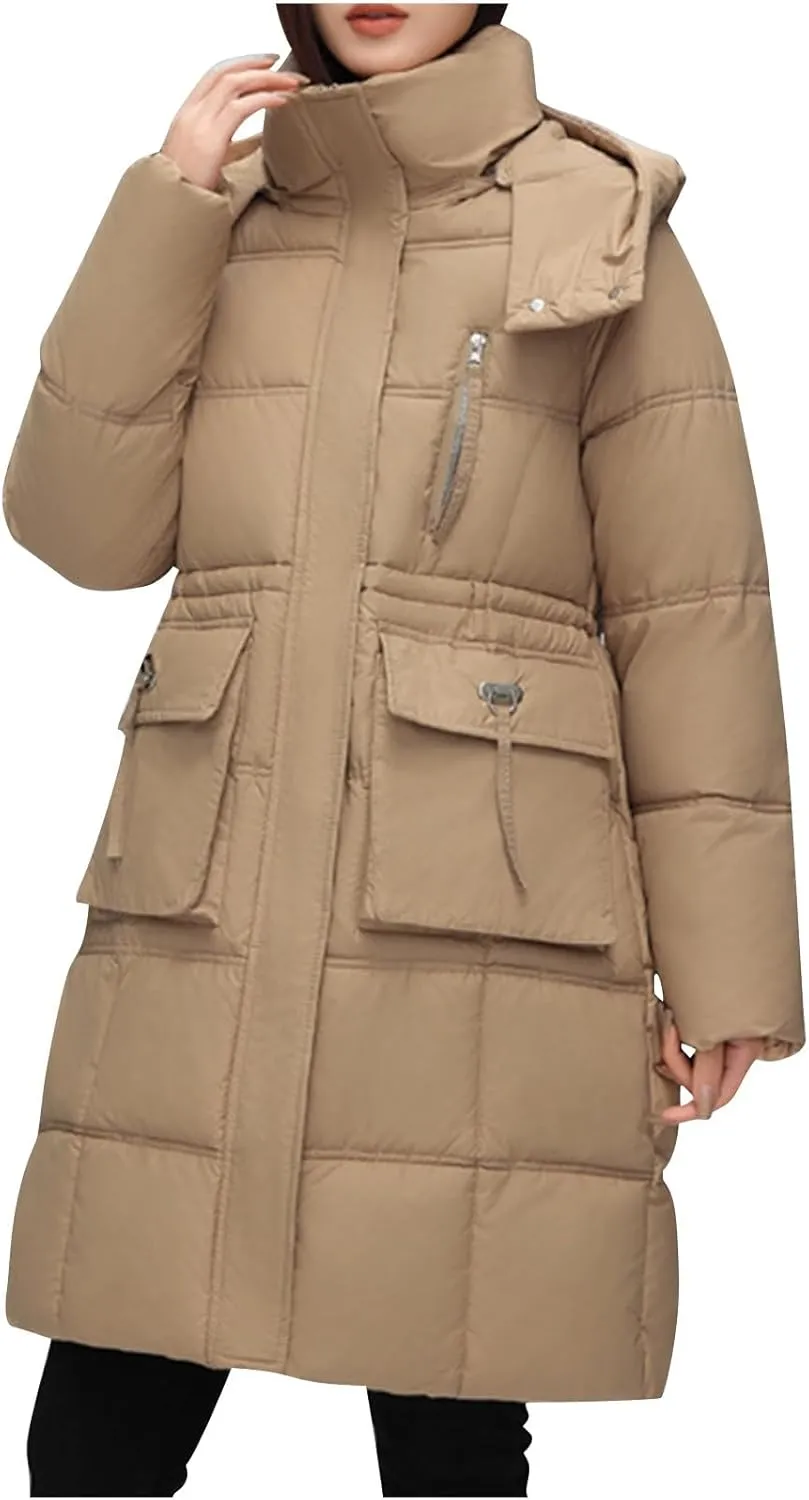 XUNRYAN Winter Down Coats for Women Warm Puffer Jackets Hooded Thicken Warm Parka Anorak Windbreaker Ski Overcoat Pockets