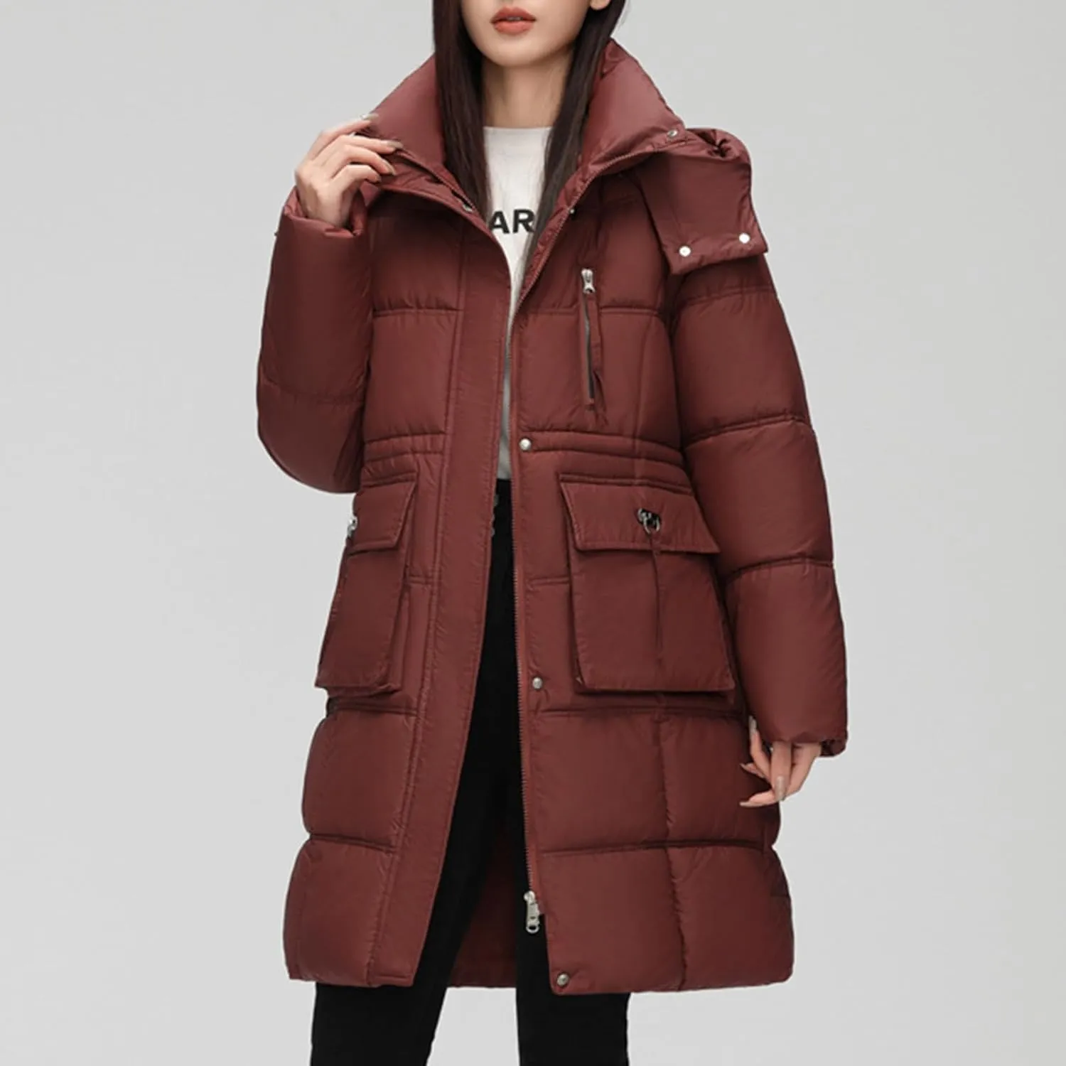 XUNRYAN Winter Down Coats for Women Warm Puffer Jackets Hooded Thicken Warm Parka Anorak Windbreaker Ski Overcoat Pockets