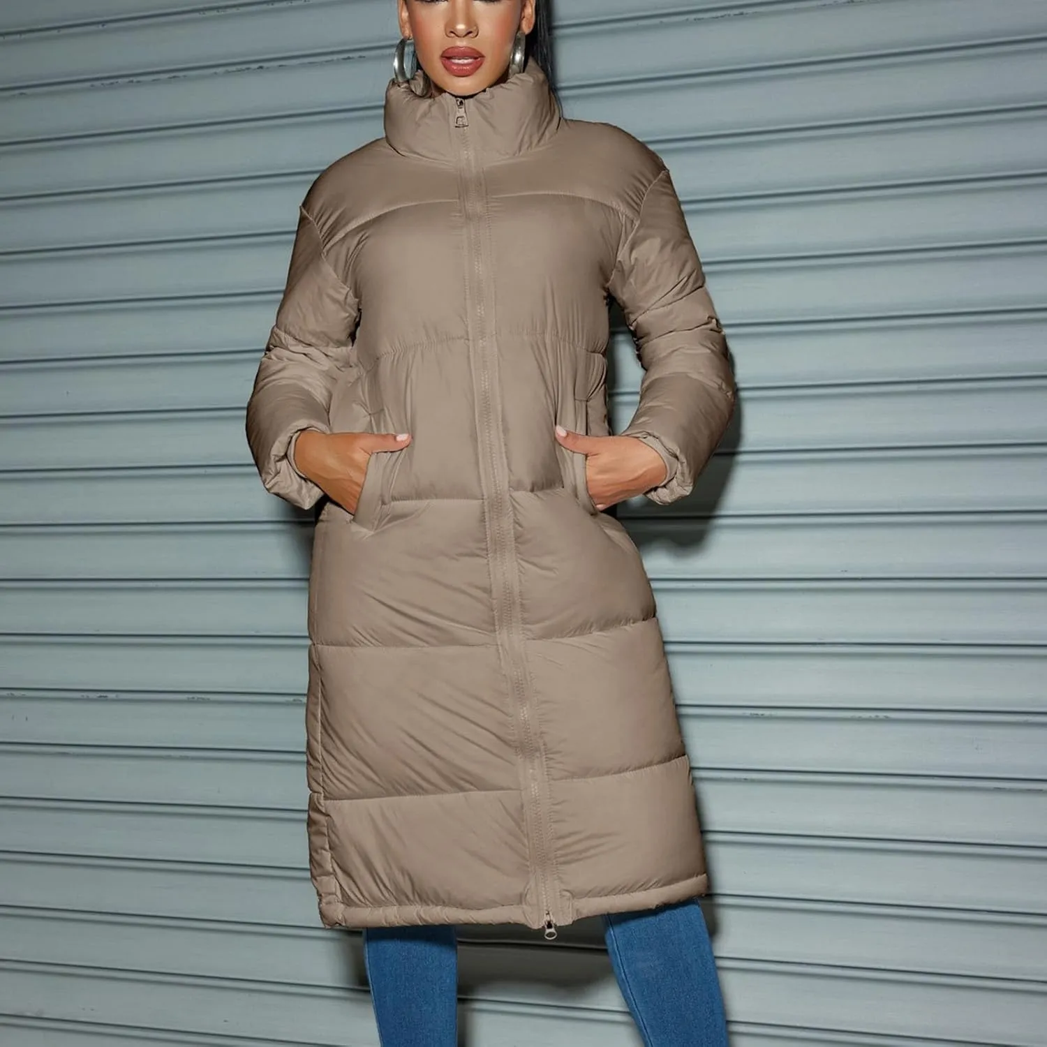 XUNRYAN Womens Maxi Long Puffer Jackets Winter Warm Down Coat Stand Collar Zip Up Quilted Jacket Thick Warm Parka Overcoat
