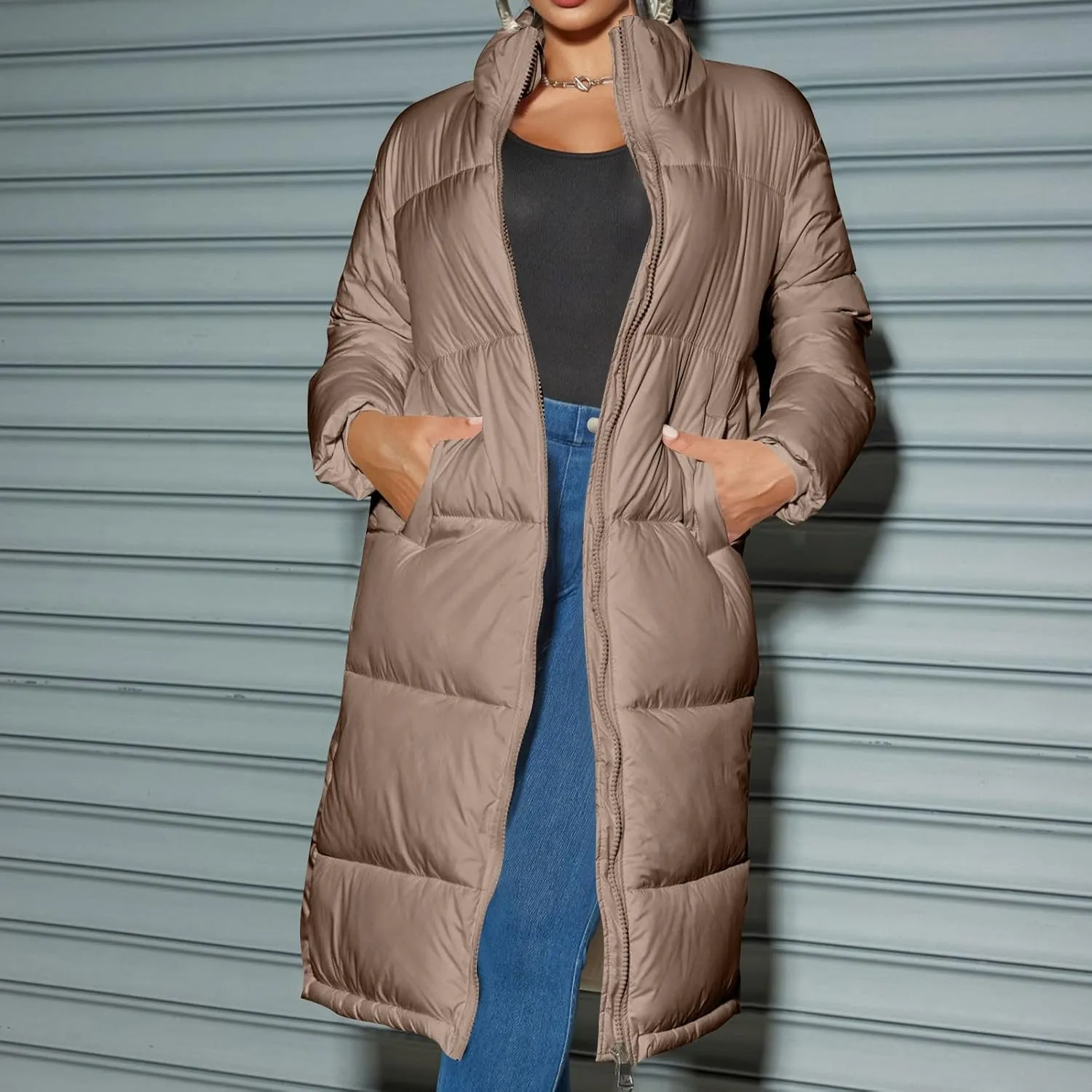 XUNRYAN Womens Maxi Long Puffer Jackets Winter Warm Down Coat Stand Collar Zip Up Quilted Jacket Thick Warm Parka Overcoat