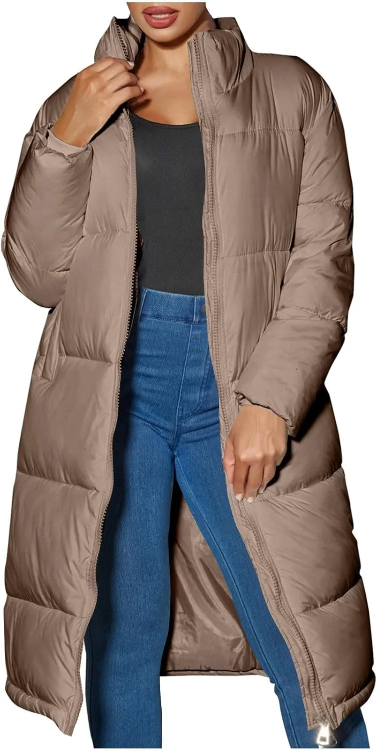 XUNRYAN Womens Maxi Long Puffer Jackets Winter Warm Down Coat Stand Collar Zip Up Quilted Jacket Thick Warm Parka Overcoat