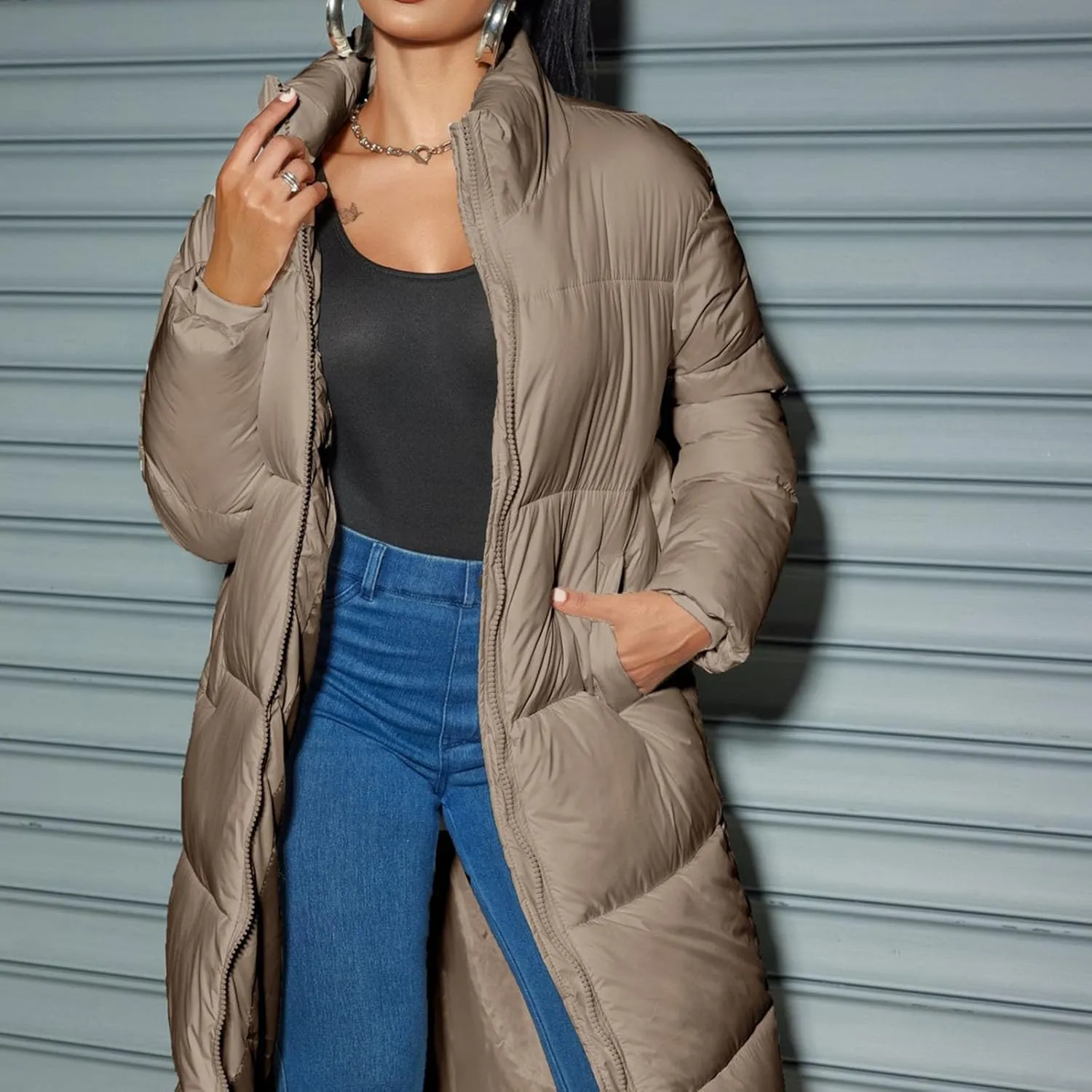 XUNRYAN Womens Maxi Long Puffer Jackets Winter Warm Down Coat Stand Collar Zip Up Quilted Jacket Thick Warm Parka Overcoat