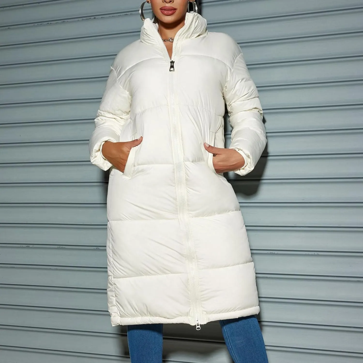 XUNRYAN Womens Maxi Long Puffer Jackets Winter Warm Down Coat Stand Collar Zip Up Quilted Jacket Thick Warm Parka Overcoat