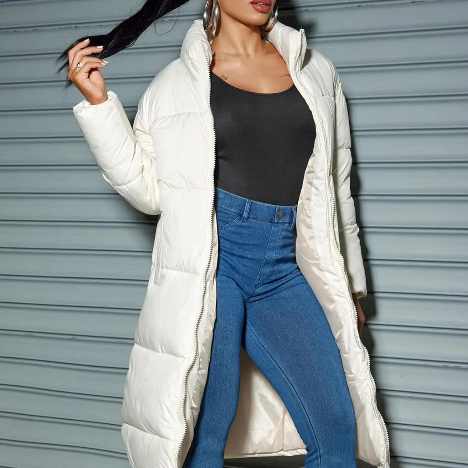 XUNRYAN Womens Maxi Long Puffer Jackets Winter Warm Down Coat Stand Collar Zip Up Quilted Jacket Thick Warm Parka Overcoat