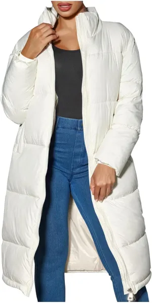 XUNRYAN Womens Maxi Long Puffer Jackets Winter Warm Down Coat Stand Collar Zip Up Quilted Jacket Thick Warm Parka Overcoat