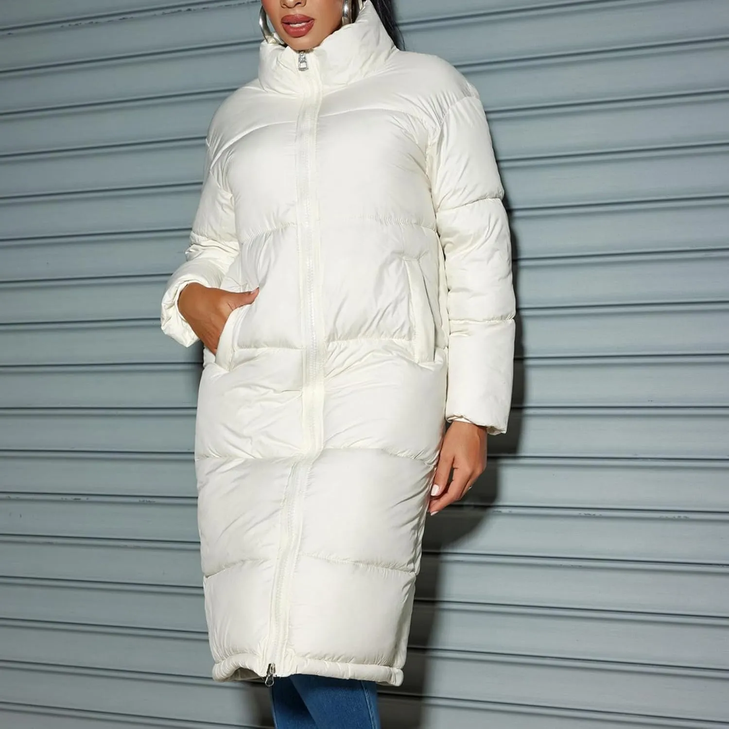 XUNRYAN Womens Maxi Long Puffer Jackets Winter Warm Down Coat Stand Collar Zip Up Quilted Jacket Thick Warm Parka Overcoat