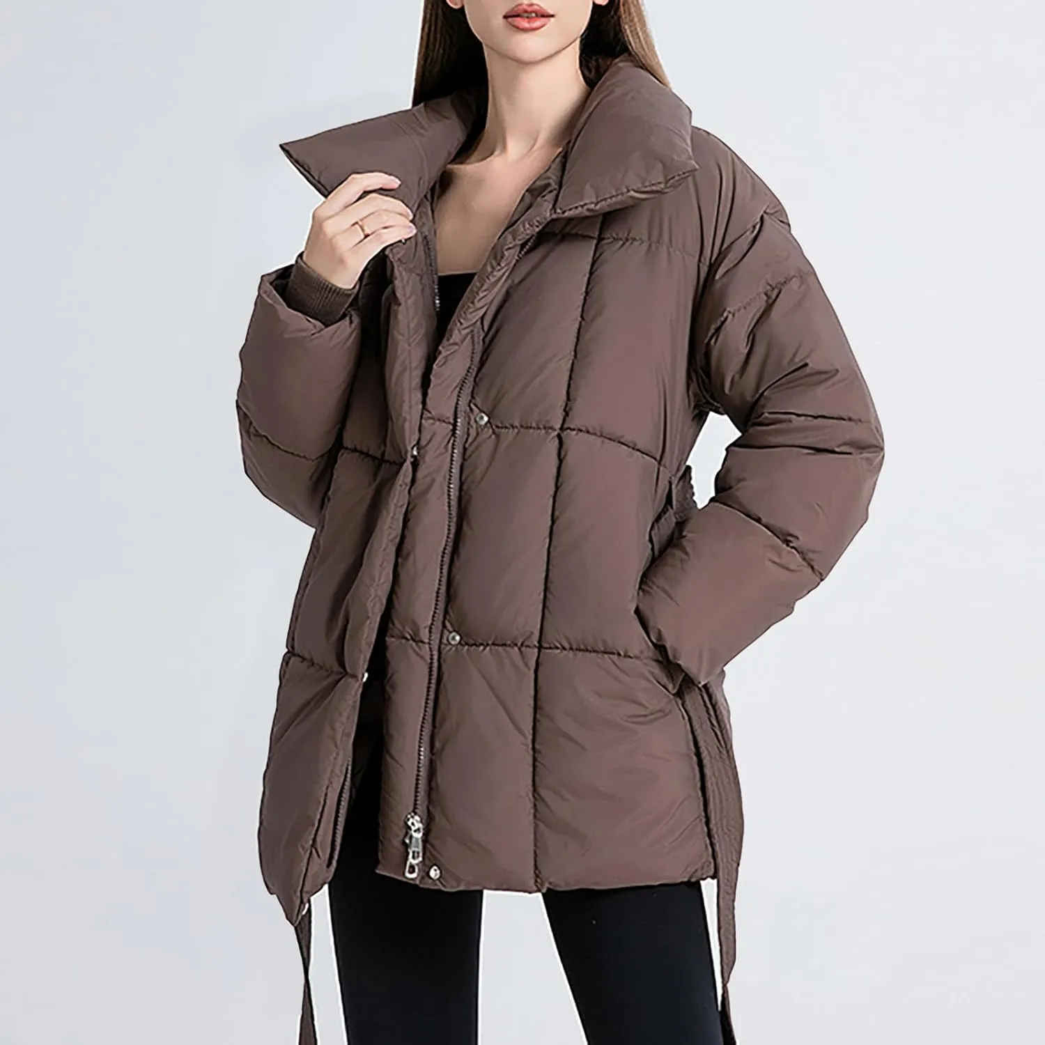 XUNRYAN Womens Winter Puffer Jackets Quilted Lightweight Warm Down Coat Casual Zip Up Jacket Thick Warm Parka Belted Overcoat