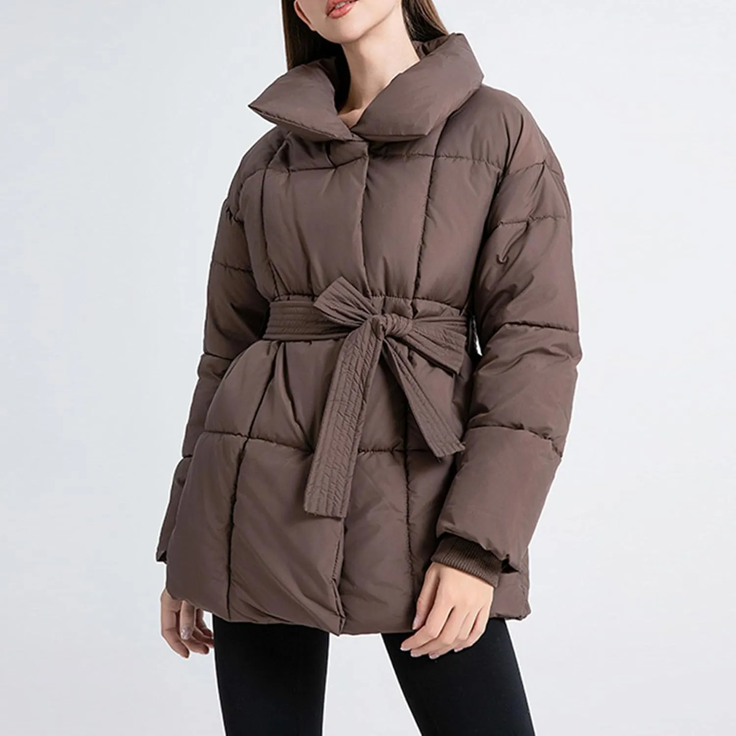XUNRYAN Womens Winter Puffer Jackets Quilted Lightweight Warm Down Coat Casual Zip Up Jacket Thick Warm Parka Belted Overcoat