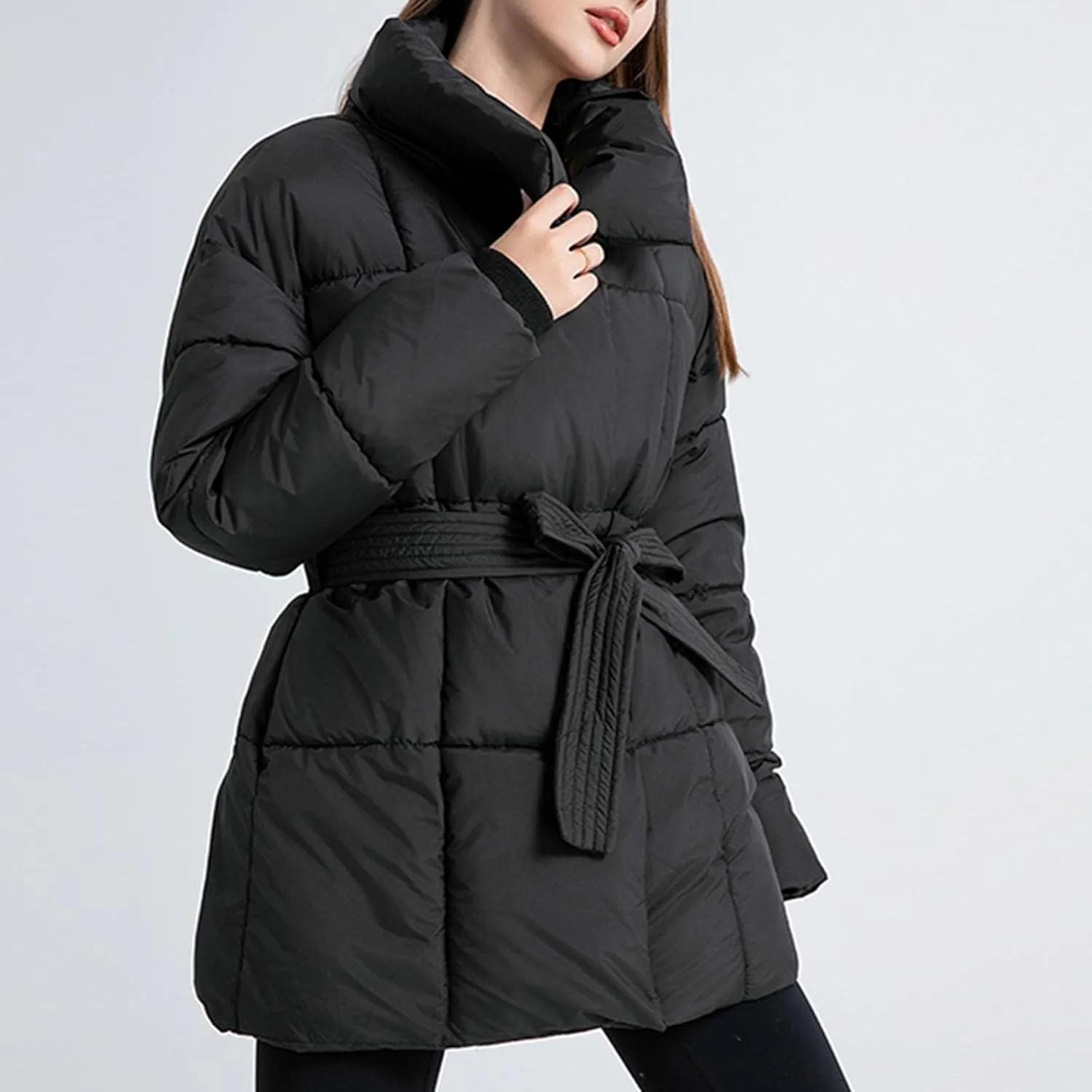 XUNRYAN Womens Winter Puffer Jackets Quilted Lightweight Warm Down Coat Casual Zip Up Jacket Thick Warm Parka Belted Overcoat