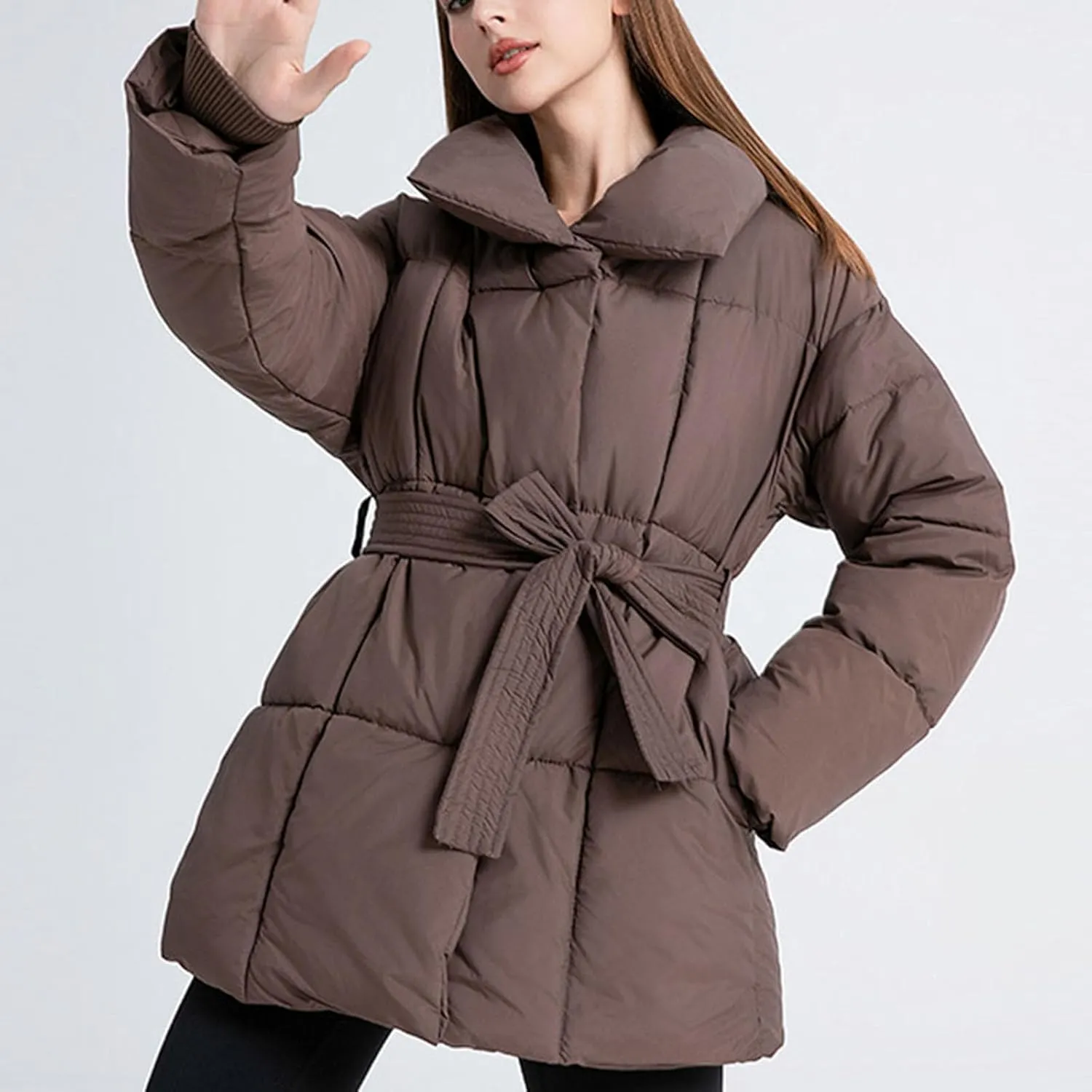 XUNRYAN Womens Winter Puffer Jackets Quilted Lightweight Warm Down Coat Casual Zip Up Jacket Thick Warm Parka Belted Overcoat