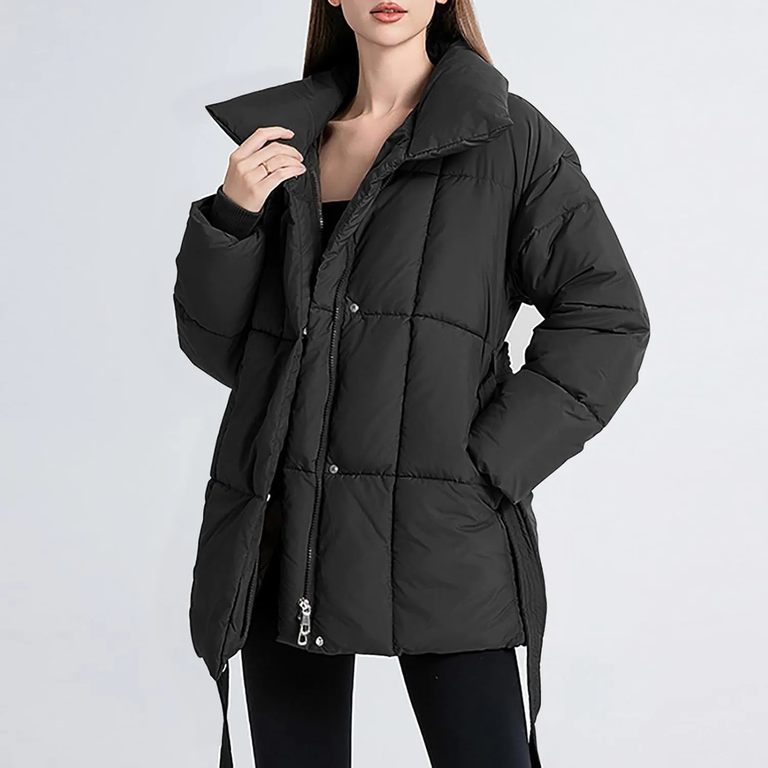 XUNRYAN Womens Winter Puffer Jackets Quilted Lightweight Warm Down Coat Casual Zip Up Jacket Thick Warm Parka Belted Overcoat