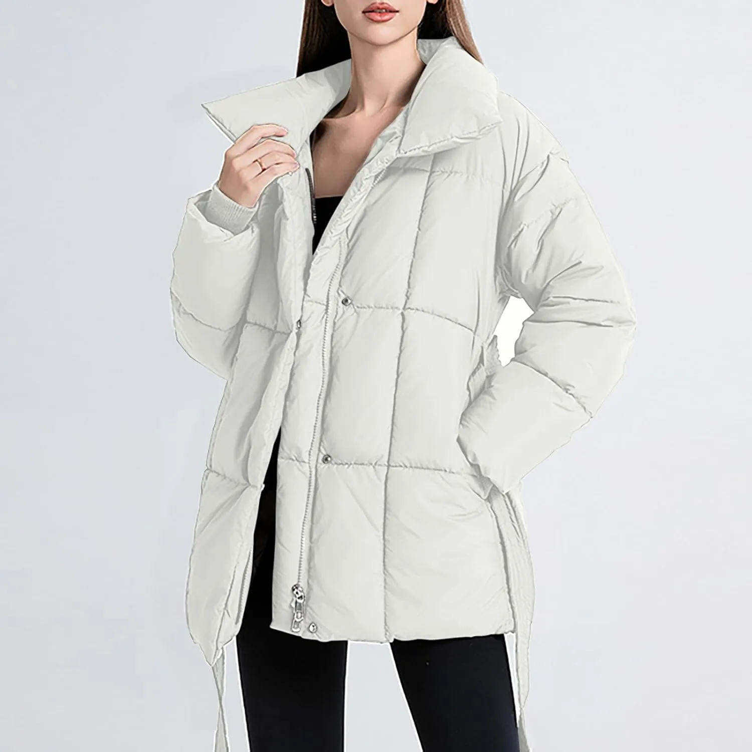 XUNRYAN Womens Winter Puffer Jackets Quilted Lightweight Warm Down Coat Casual Zip Up Jacket Thick Warm Parka Belted Overcoat