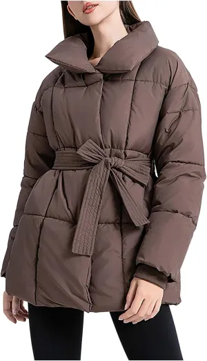 XUNRYAN Womens Winter Puffer Jackets Quilted Lightweight Warm Down Coat Casual Zip Up Jacket Thick Warm Parka Belted Overcoat