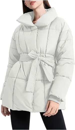 XUNRYAN Womens Winter Puffer Jackets Quilted Lightweight Warm Down Coat Casual Zip Up Jacket Thick Warm Parka Belted Overcoat