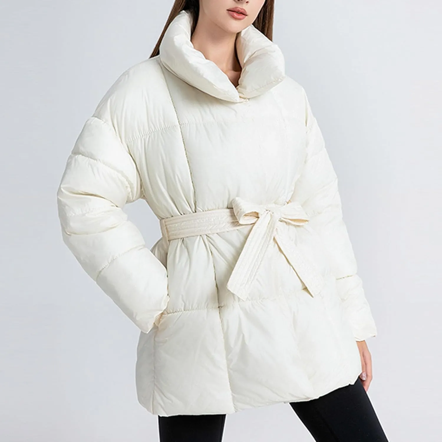 XUNRYAN Womens Winter Puffer Jackets Quilted Lightweight Warm Down Coat Casual Zip Up Jacket Thick Warm Parka Belted Overcoat