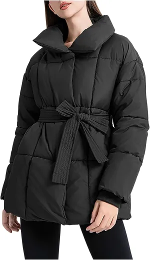 XUNRYAN Womens Winter Puffer Jackets Quilted Lightweight Warm Down Coat Casual Zip Up Jacket Thick Warm Parka Belted Overcoat