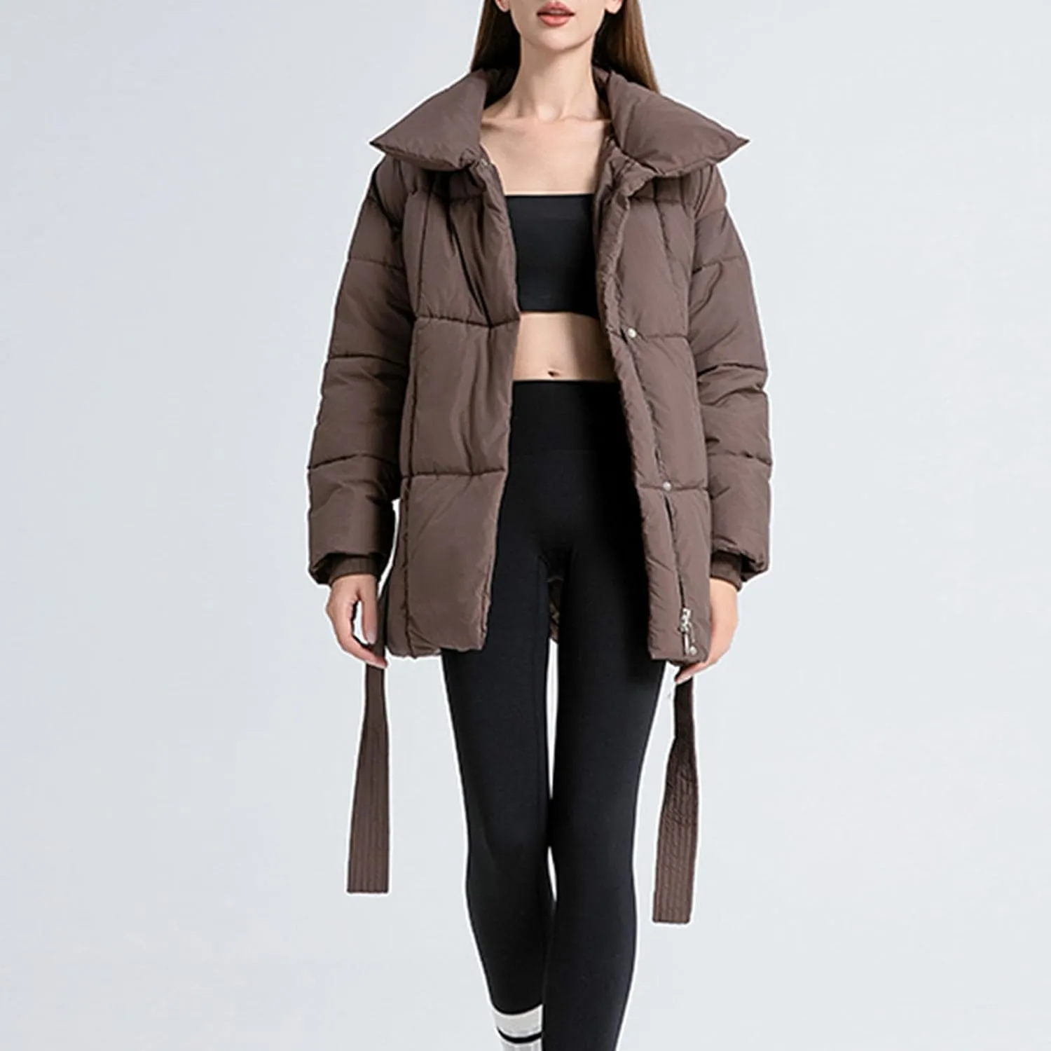 XUNRYAN Womens Winter Puffer Jackets Quilted Lightweight Warm Down Coat Casual Zip Up Jacket Thick Warm Parka Belted Overcoat